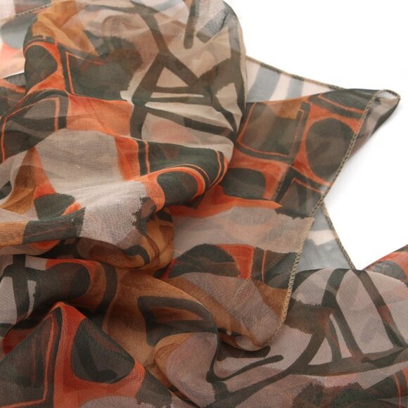 Abstract Print Sheer Long Scarf Shawl Geo Print Orange Brown - Picture 7 of 8